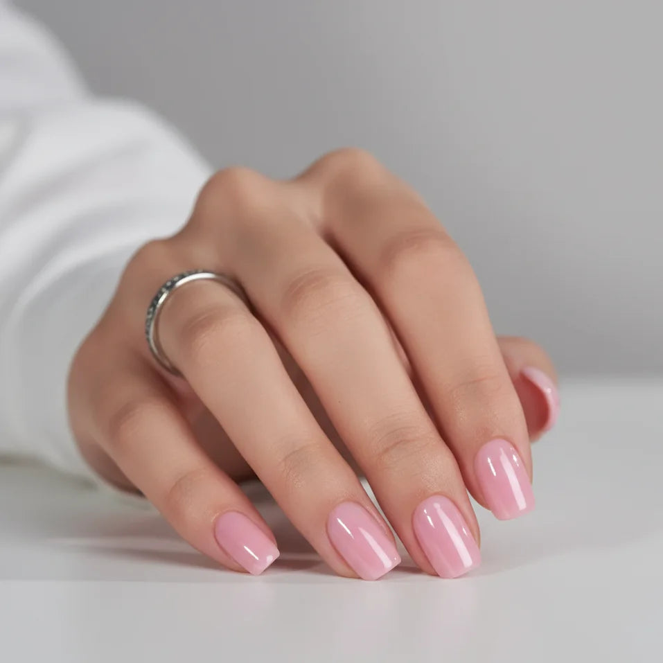 Pinkie Pearl korta square-lösnaglar – ljus rosa lyster mot vit blus och grå bakgrund