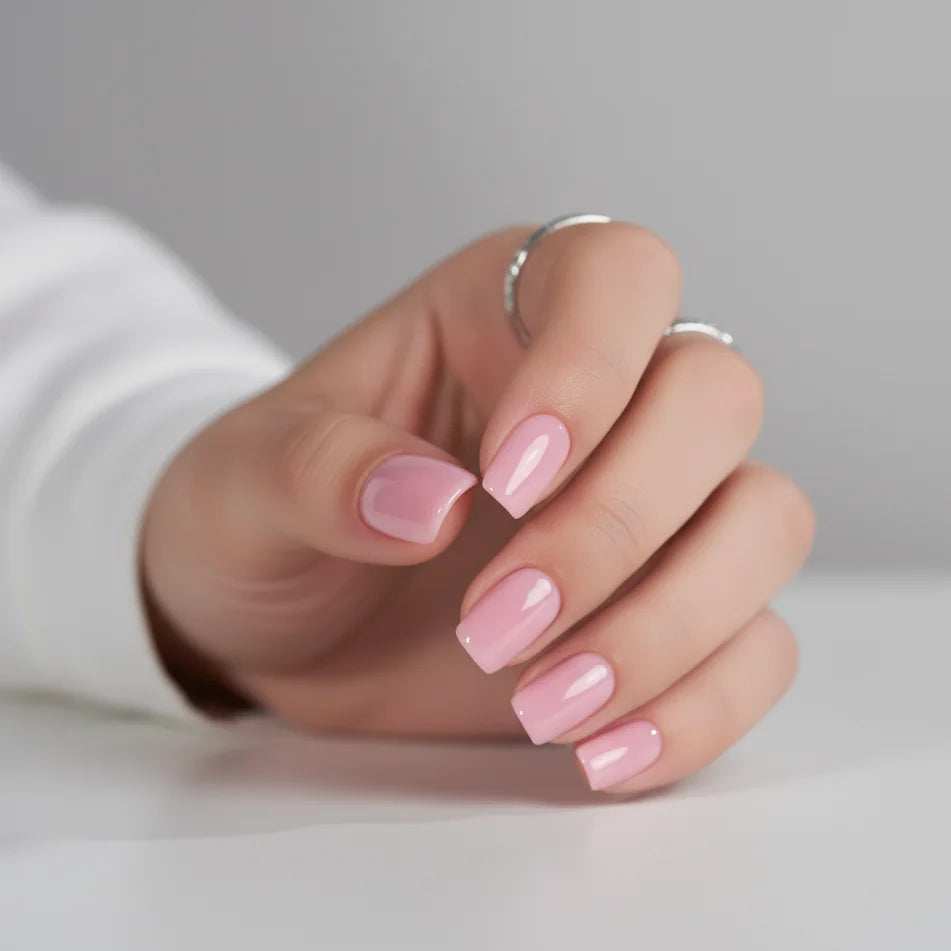 Pinkie Pearl press-on naglar närbild – glansig rosa pearl-bas och silverring i diamant