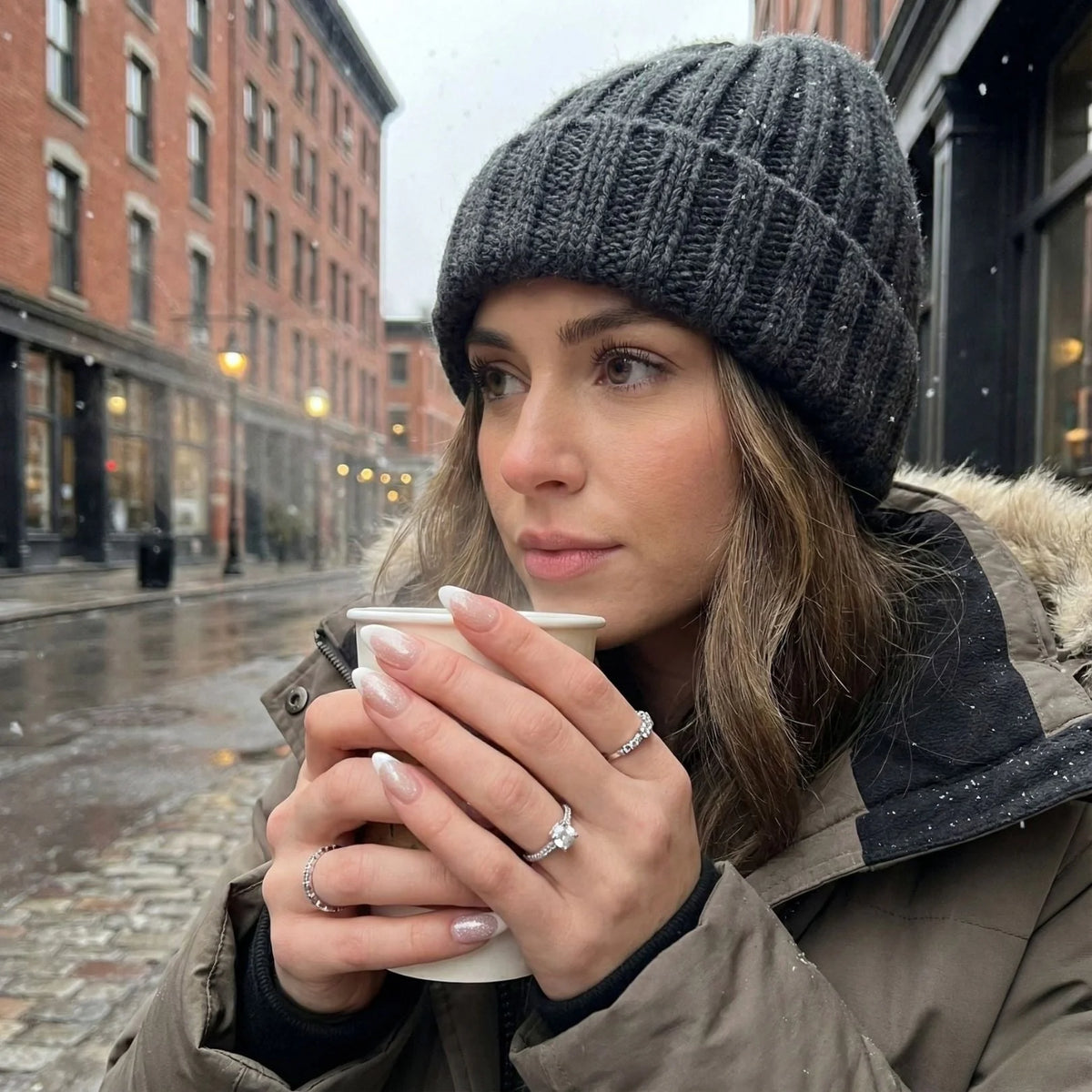 Ongles Sweet Sprinkle en situation – faux ongles en forme d'amande tenant un café, bonnet gris dans une rue enneigée