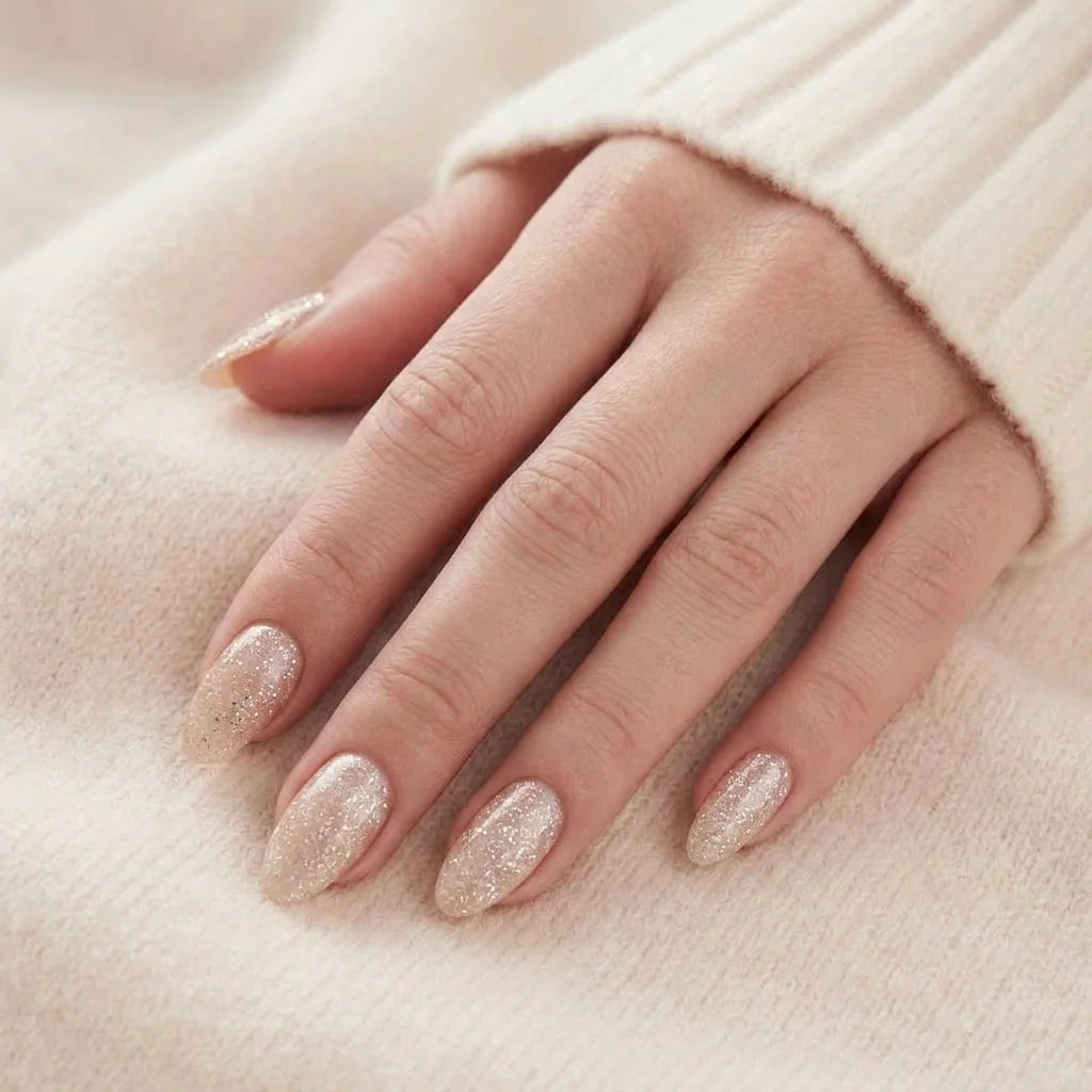 Candy Chrome naglar på hand – champagne silver glitter i mandelform mot beige stickat tyg