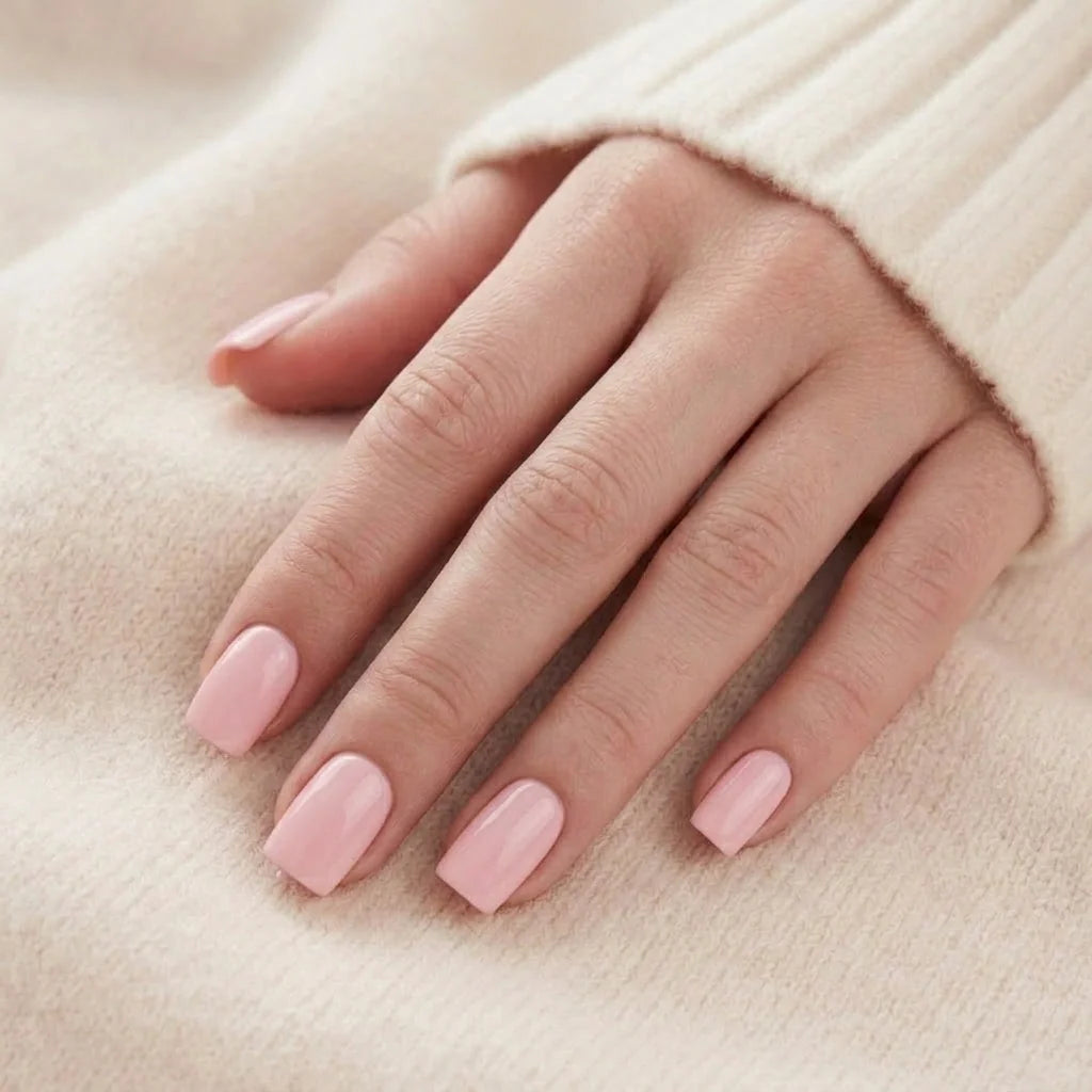Pinkie Pearl naglar på hand – pearl-rosa korta square-naglar mot beige stickad tröja