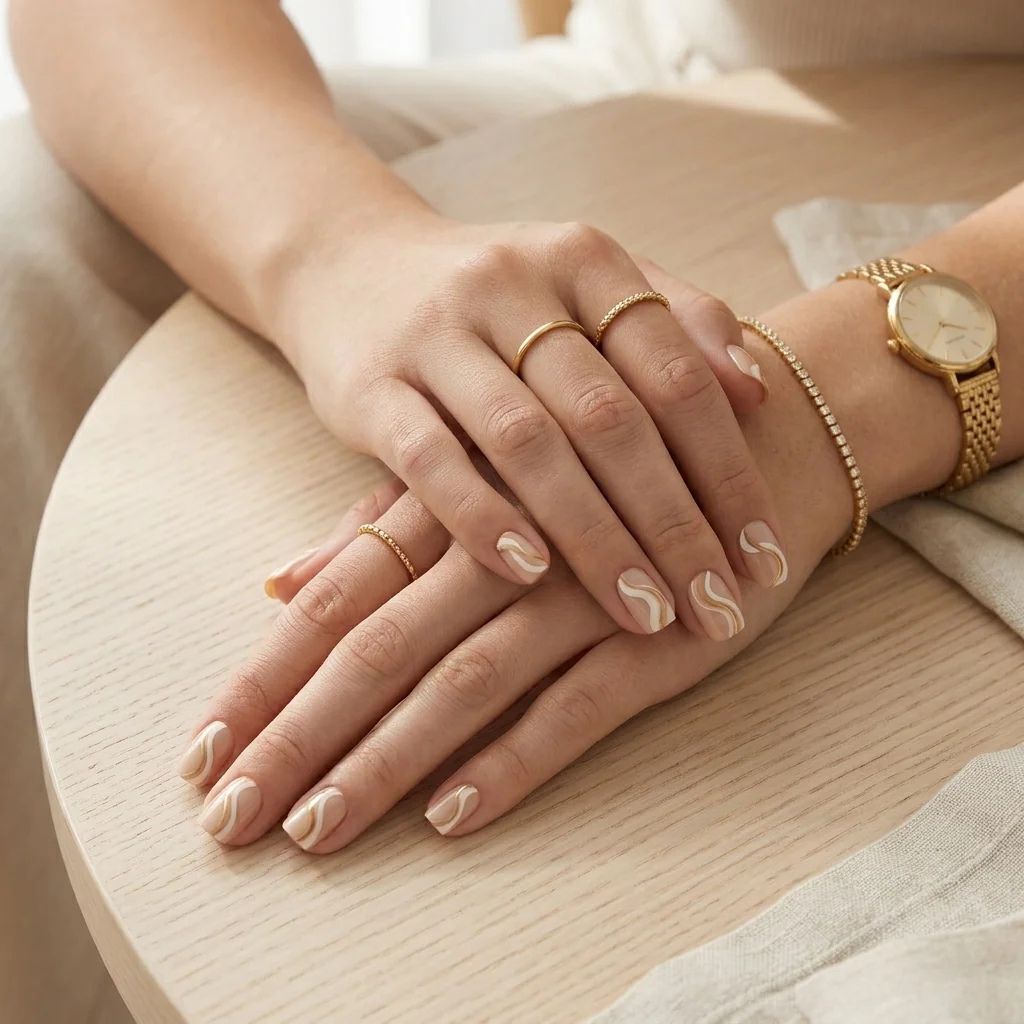 Faux ongles nude à motifs de vagues blancs et beiges. Mains élégantes ornées de bagues en or et d'une montre.