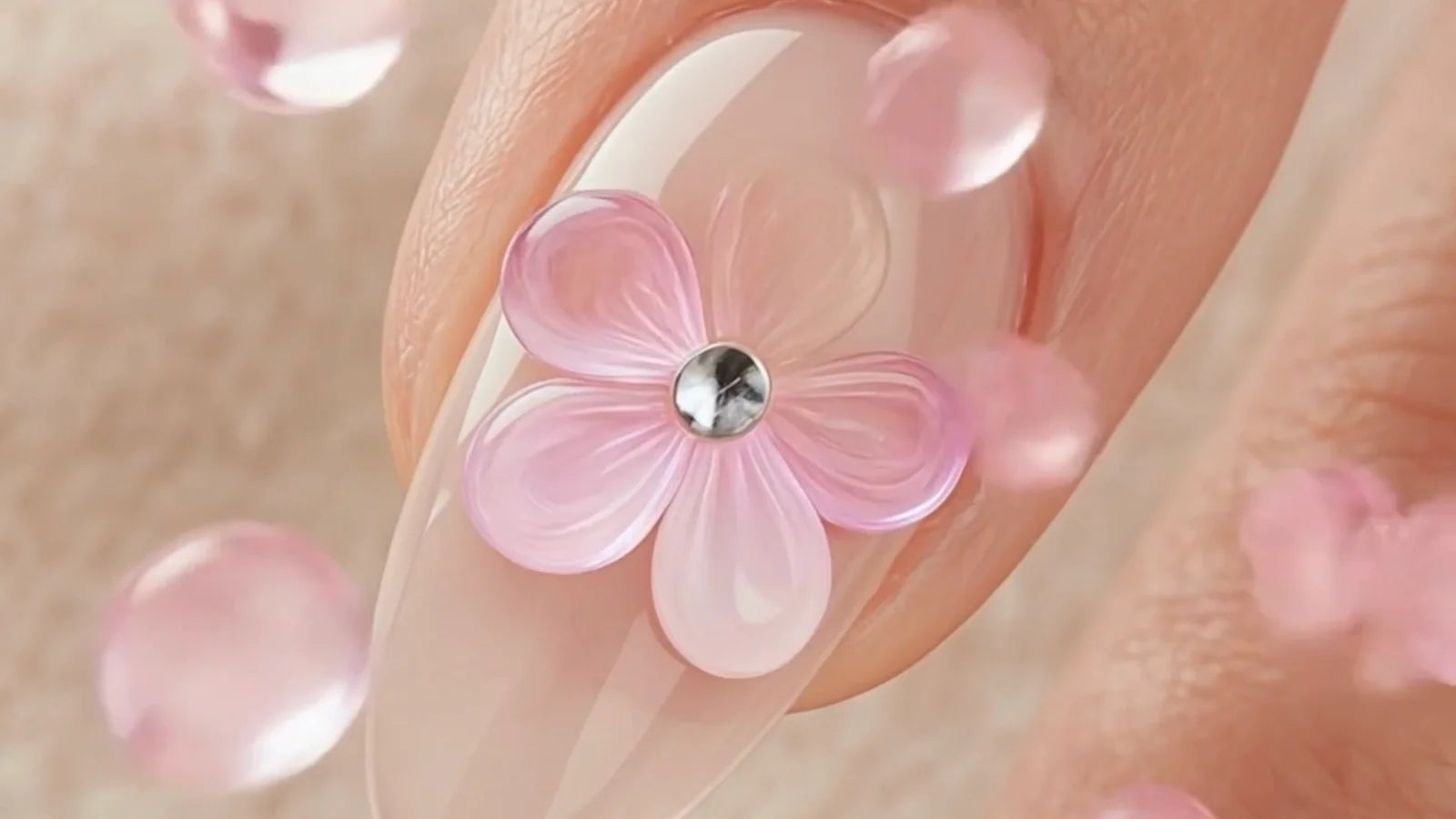 3D-naglar med rosa blomma i gele – närbild på fransk almond press-on nagel från XNails