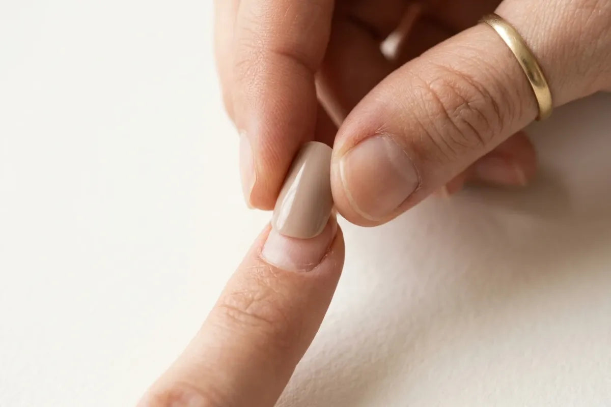 Une main applique un faux ongle nude sur l'ongle naturel