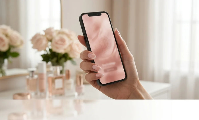 Main aux faux ongles press-on rose nude tenant un téléphone avec l'appli XNails