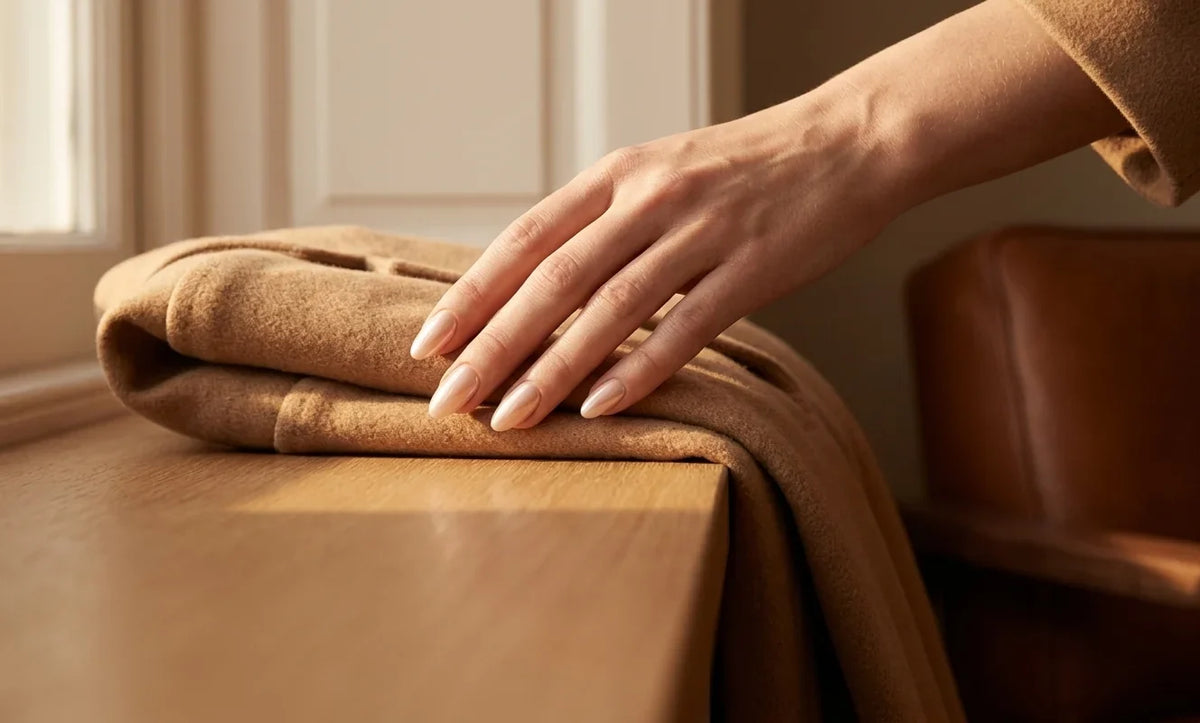 Ongles d'automne 2026 nude nacré en forme d'amande sur laine camel