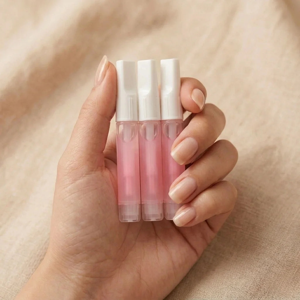 Glow Glue, colle à ongles liquide rose en main – trois tubes de colle pinceau pour ongles press-on