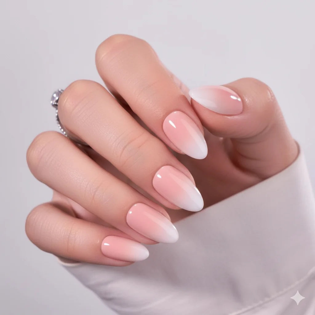 Dreamy Dip press-on naglar närbild – babyboomer ombre från rosa bas till vit tipp