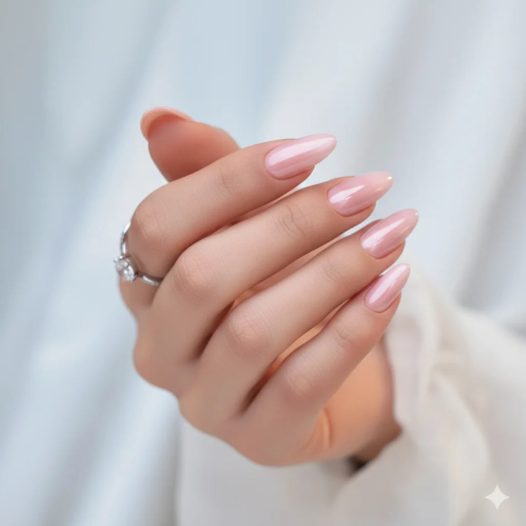 Pinkie Pearl mandelformade lösnaglar – rosa pearl shimmer mot ljust satin