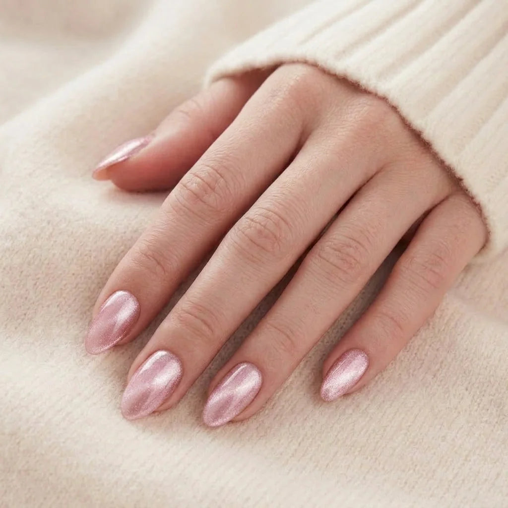 Powder Puff lösnaglar närbild – rosa chrome mandelformade gelénaglar mot mjuk beige stickad bakgrund