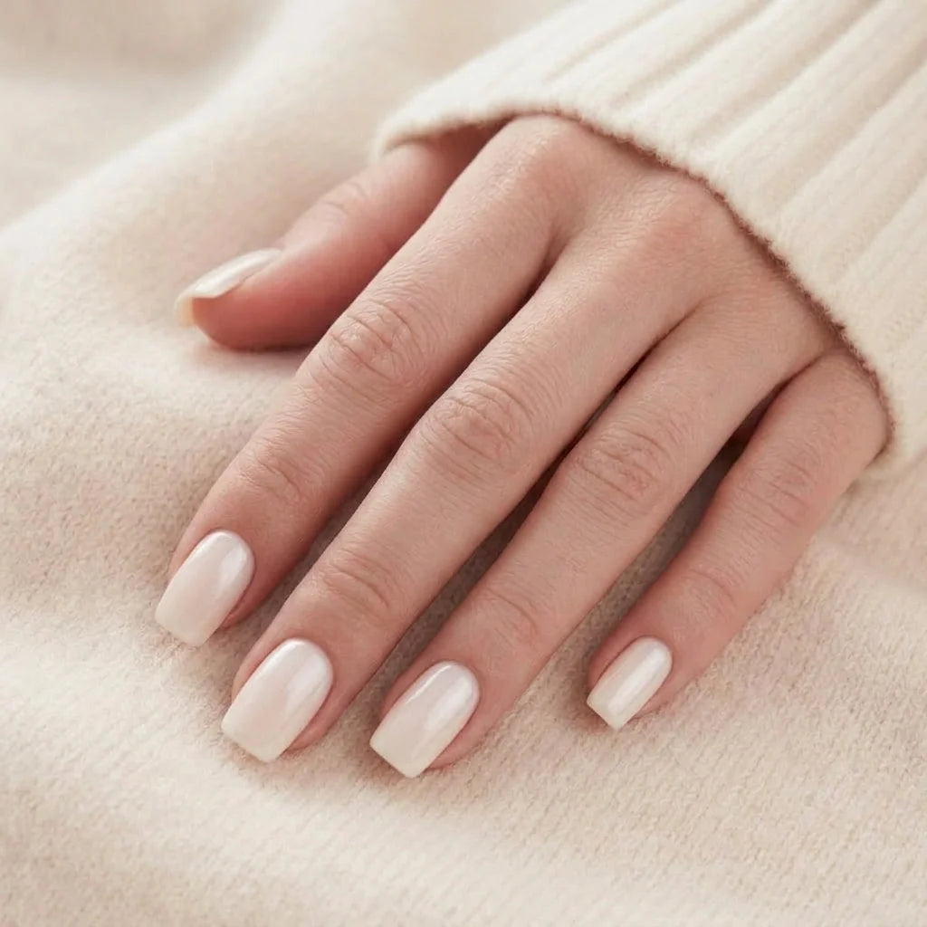 Pure Pearl naglar på hand – kort square nude pearl mot beige stickat tyg