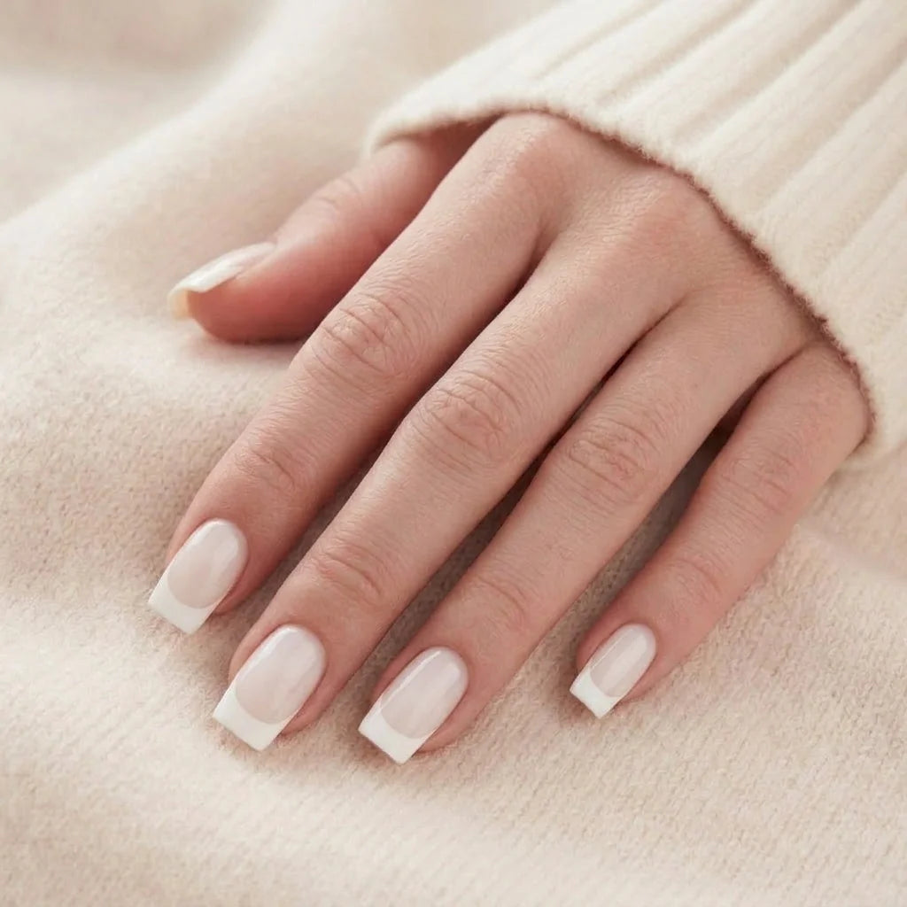 Frosted French naglar på hand – kort square form med vit fransk tipp mot beige stickad tröja