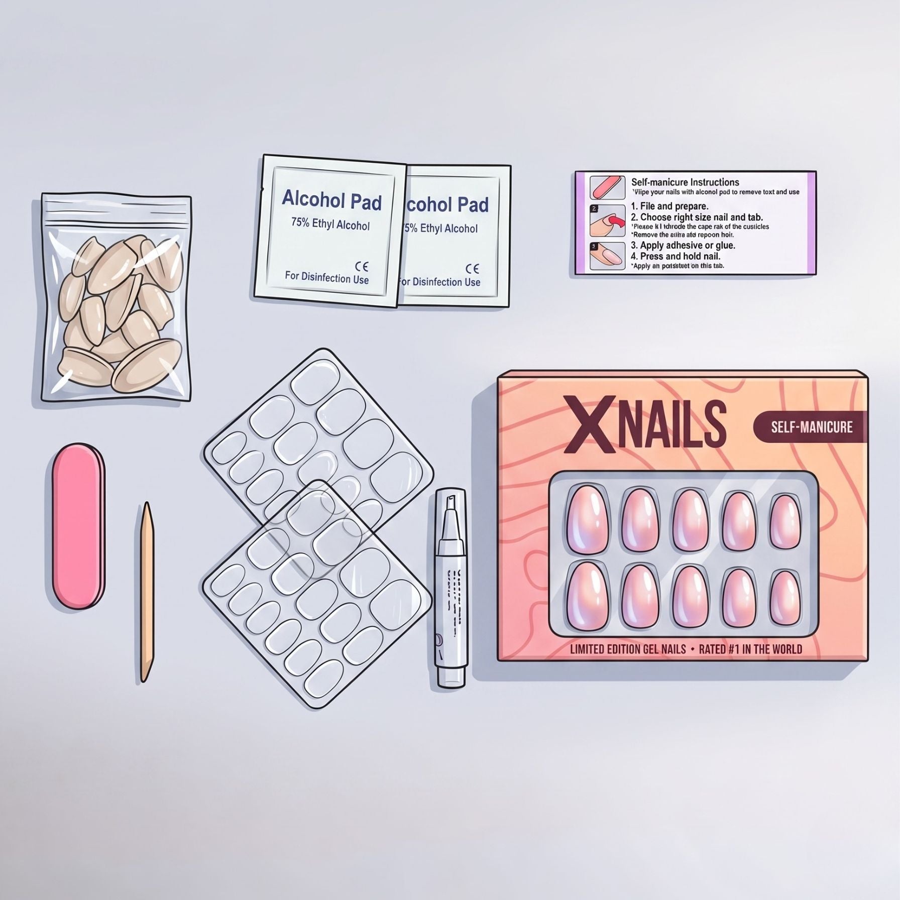 Illustration av XNails självmanikyr-kit med fil, prep-pads, lim och naglar