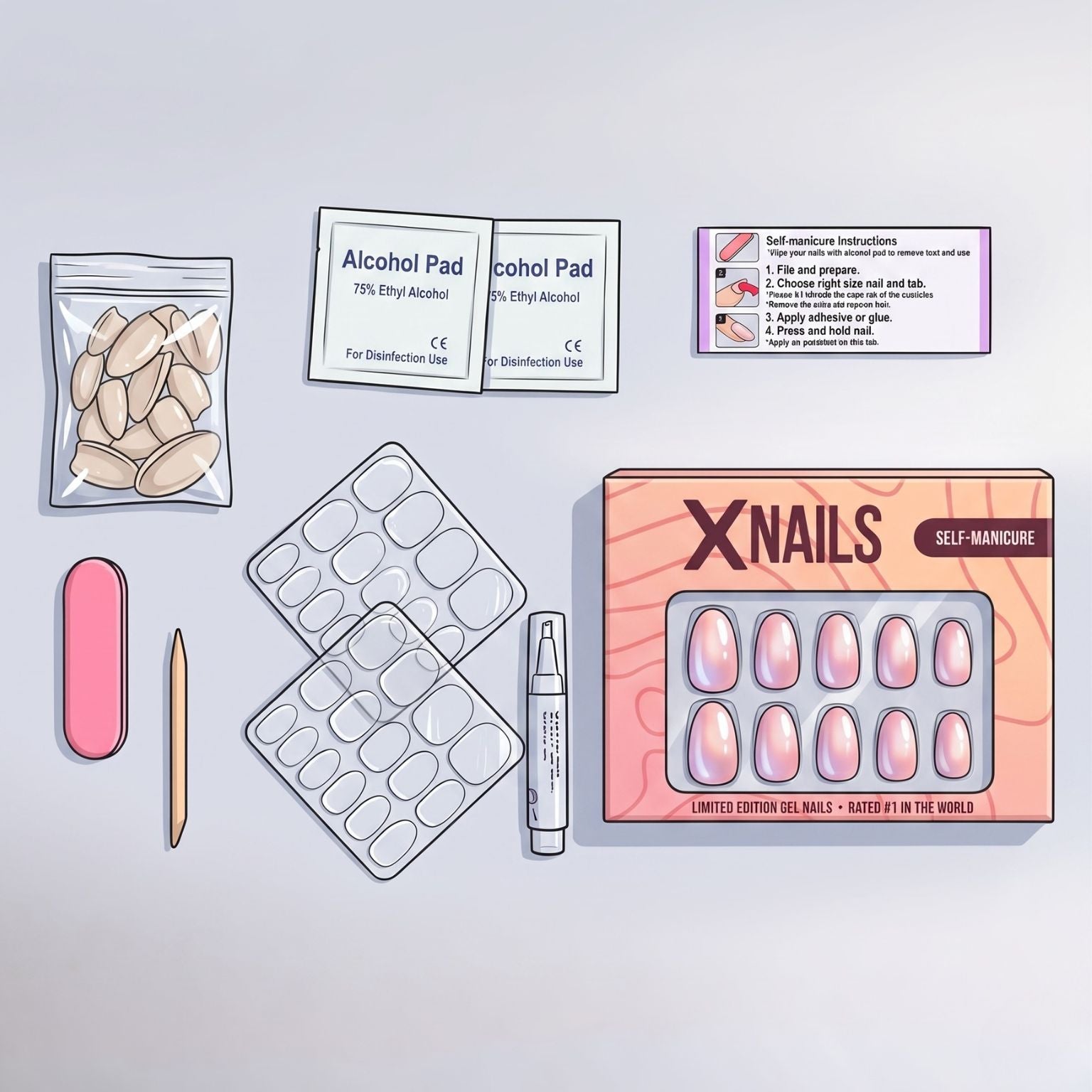 Illustration av XNails självmanikyr-kit med fil, prep-pads, lim och naglar