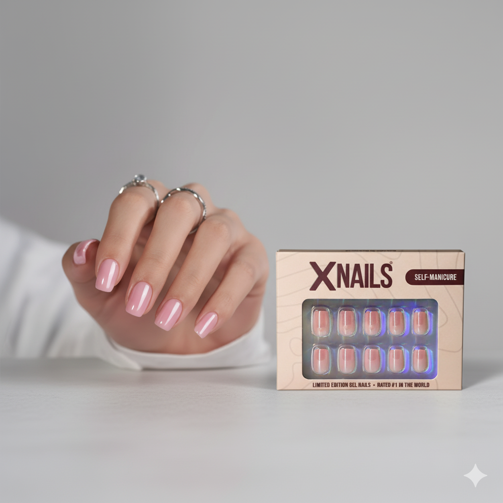 Hand med ljusrosa, korta, fyrkantiga press-on naglar och en förpackning med XNails naglar bredvid