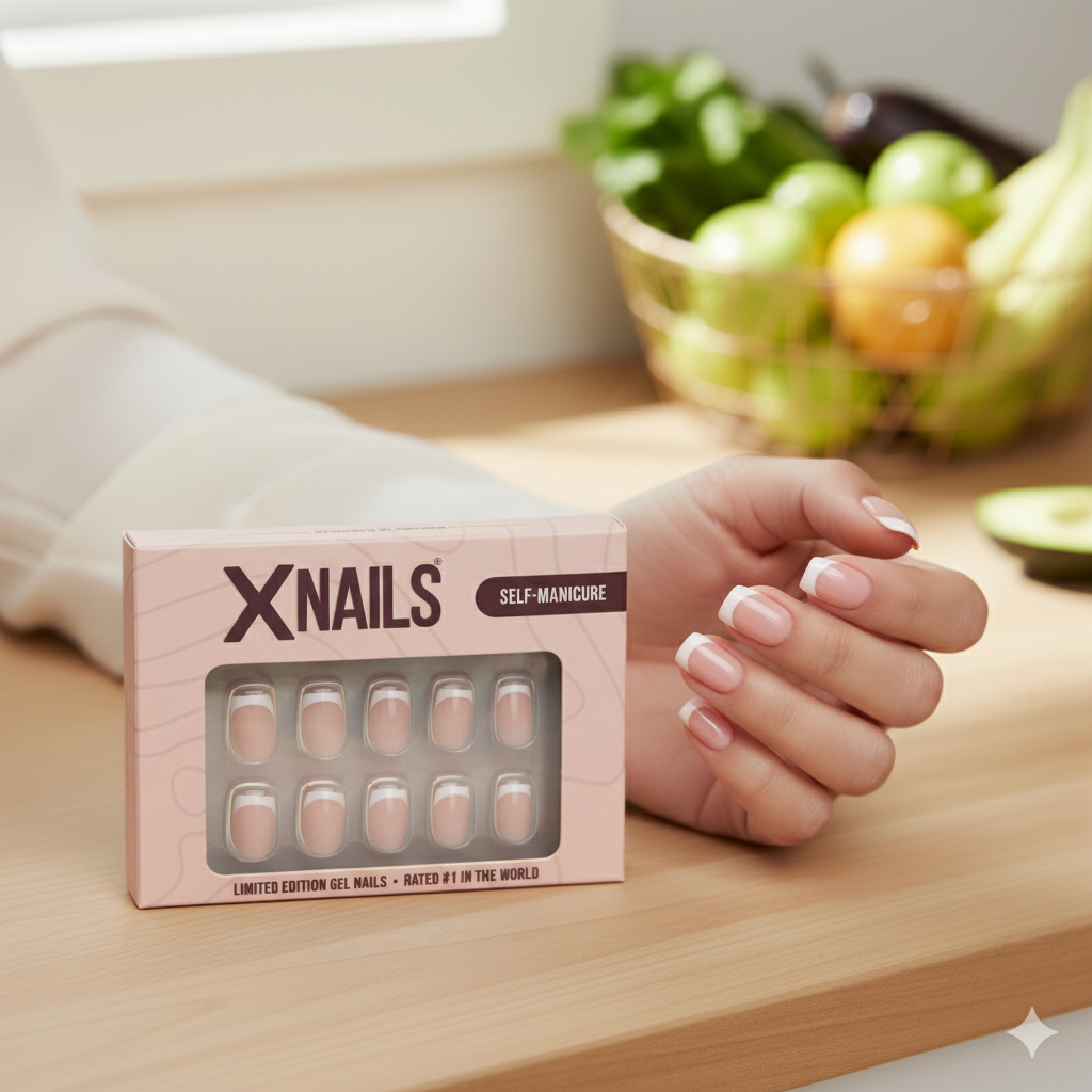 XNails press-on naglar, fransk manikyr, i rosa förpackning och en hand med likadana naglar