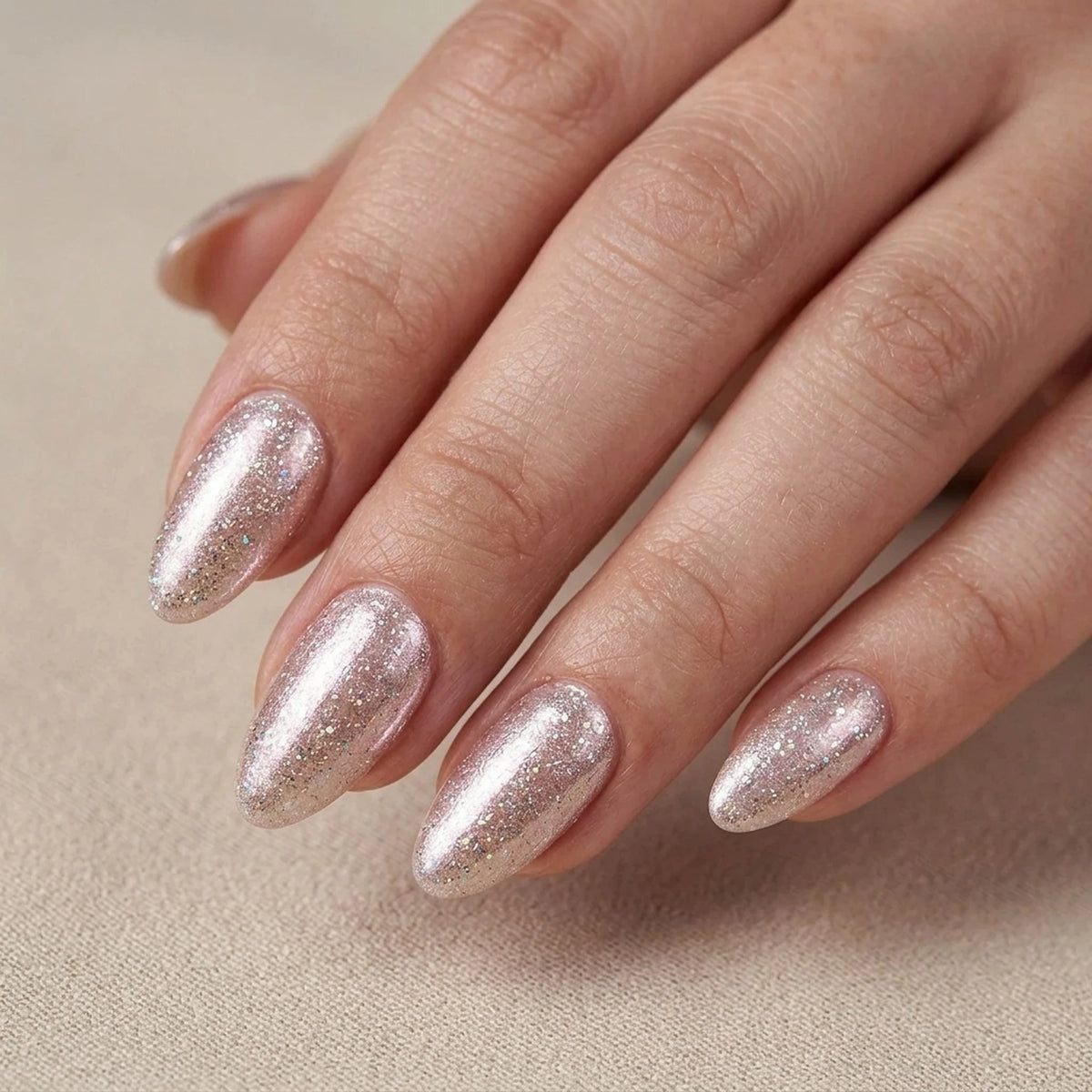 Faux ongles Candy Chrome amande, chrome nacré rose champagne