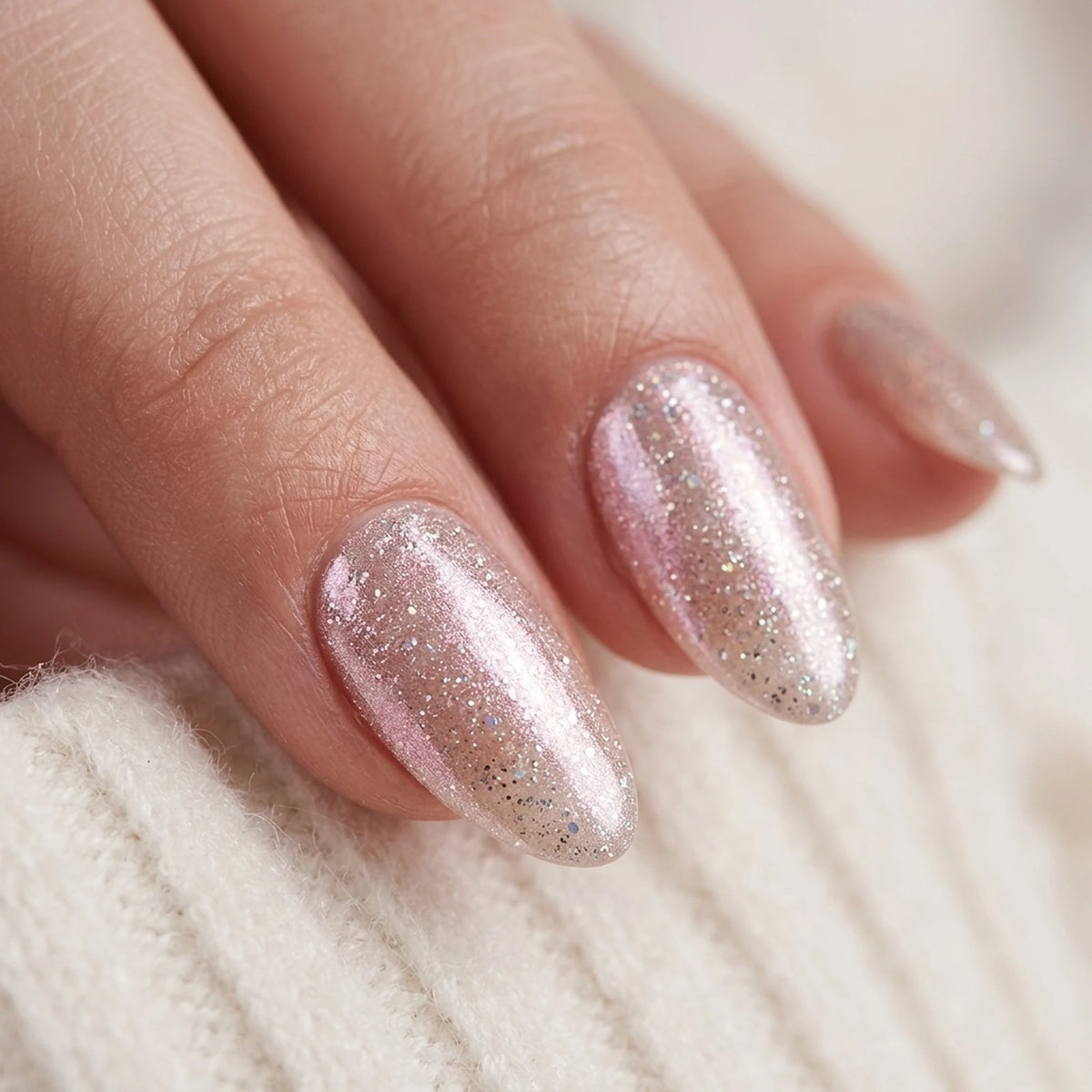 Ongles press-on Candy Chrome en amande avec shimmer chrome rose