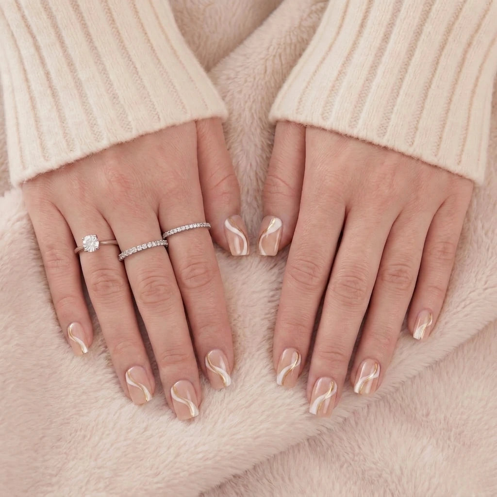 Ongles nude aux lignes ondulées blanches et dorées, courts et carrés, sur une main baguée sur fond doux.
