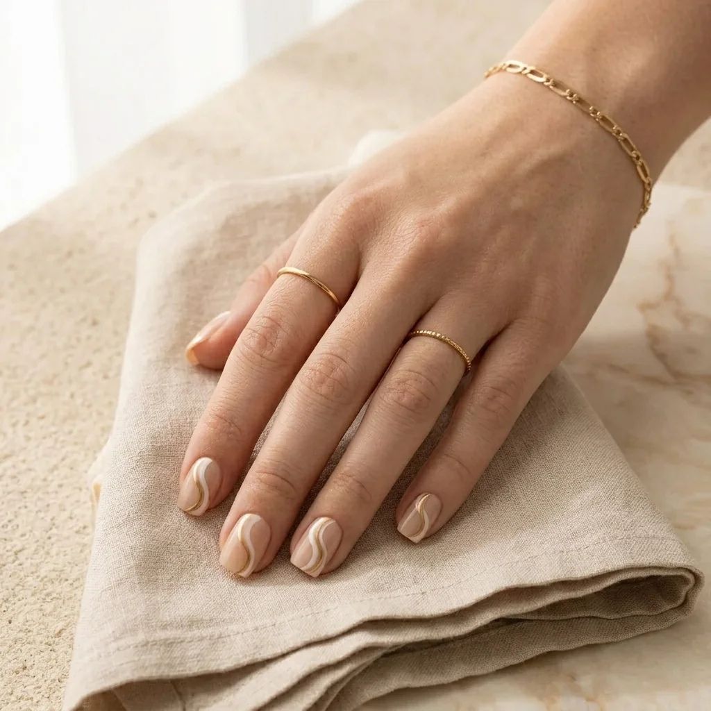 Faux ongles courts et arrondis beige à lignes ondulées blanches et dorées. Main aux bagues en or et bracelet.