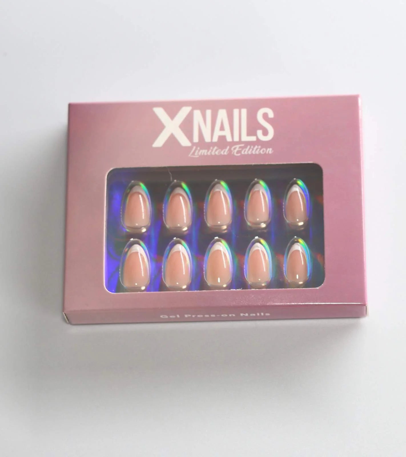 Beige XNails-ask med tio franska naglar